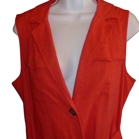 V-Neck Collared Dress, Sleeveless, Short Poppy Coral, W/Belt, Buttons Pockets, L - Picture 6 of 9